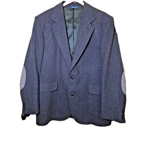 Vtg 1980 Pendleton 44L Sports Coat Blue Wool Tweed Shooting Jacket Elbow Patches